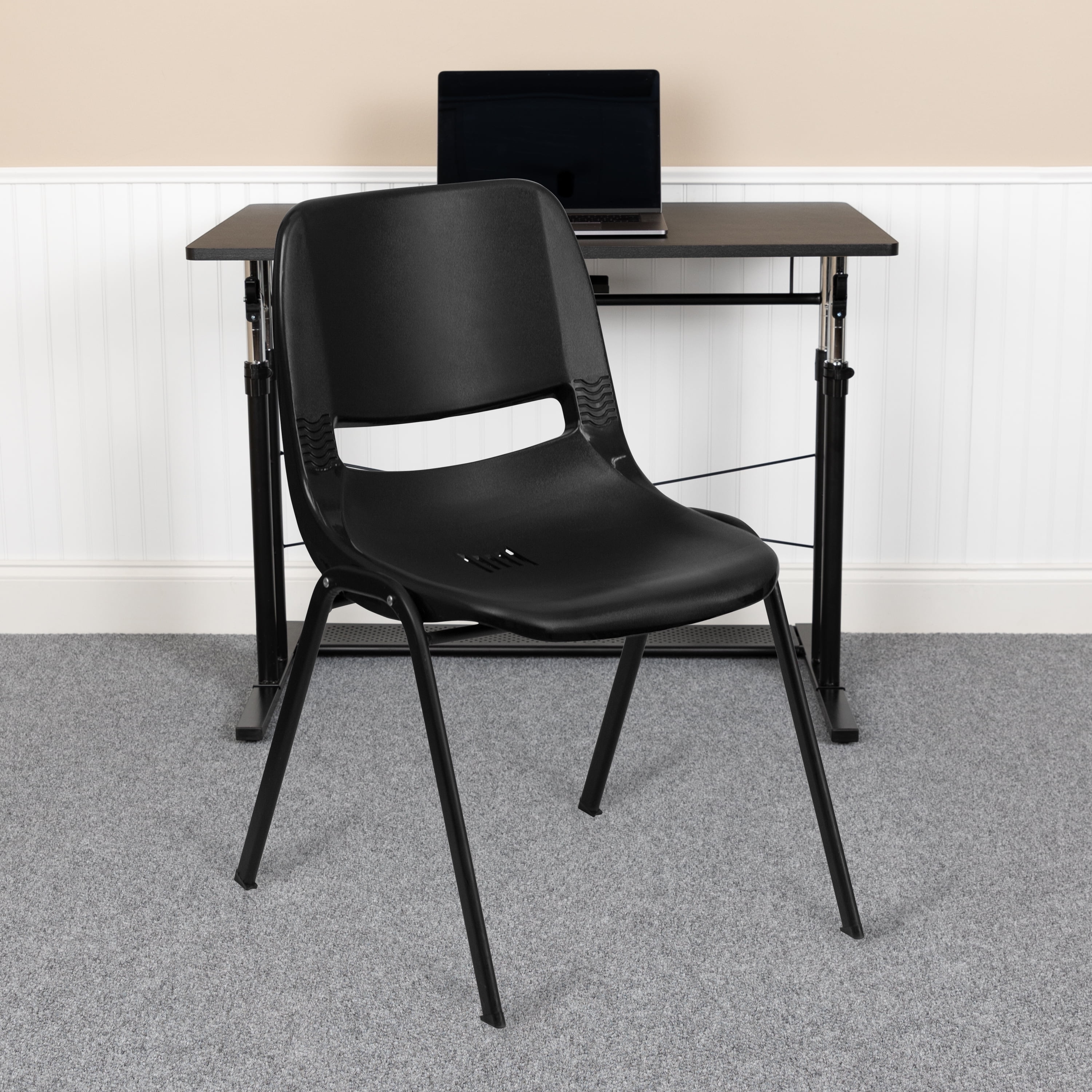 OLIVER Black Ergonomic Shell Stack Chair with Chrome Frame and 16 H Seat EMMA 
