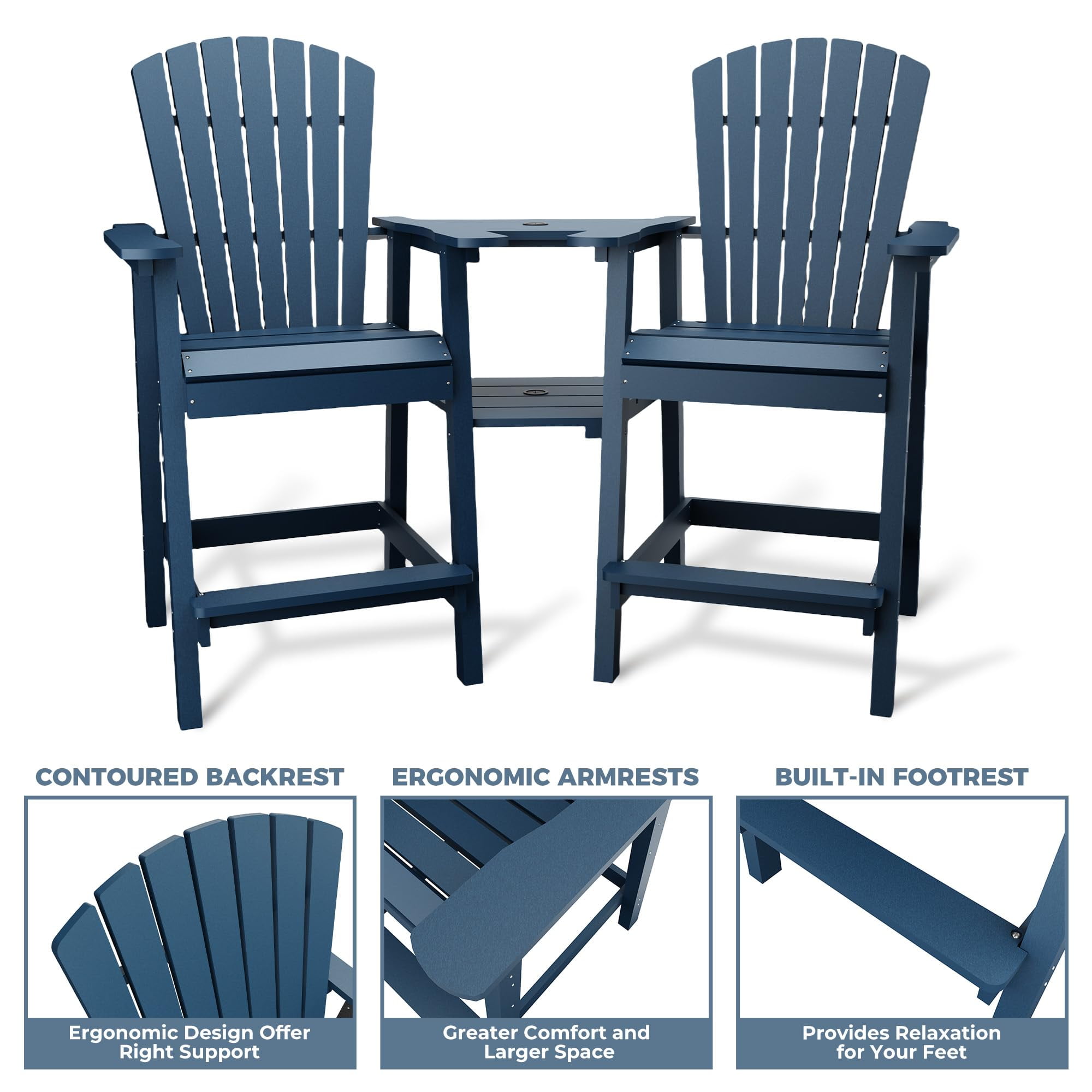 Outdoor Tall Adirondack Chairs Set of 2 HDPE, Paio Adirondack Barstools with Connecting Tray, Recycled Poly Patio High Adirondack Chairs for Deck, Backyard, Balcony