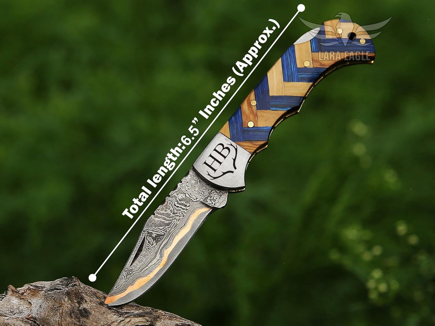 Copper Damascus Pocket Knife – Olive & Blue Handle, Survival Hunting Knife with Leather Sheath & Sharpener – Perfect for Outdoor and Tactical Use