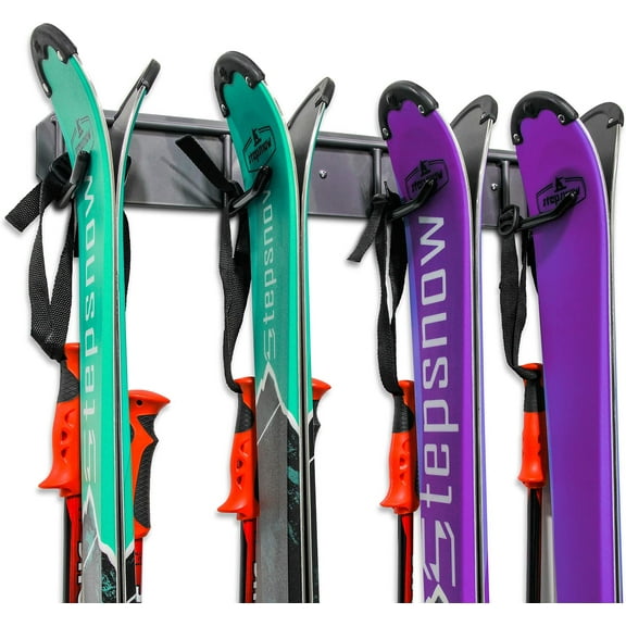 RaxGo Ski Wall Rack, Holds 4 Pairs of Skis & Skiing Poles or Snowboard - Steel (300 lb Max)