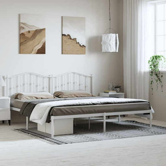 vidaXL King Metal Bed Frame with Headboard, Sturdy Steel, White, No Mattress