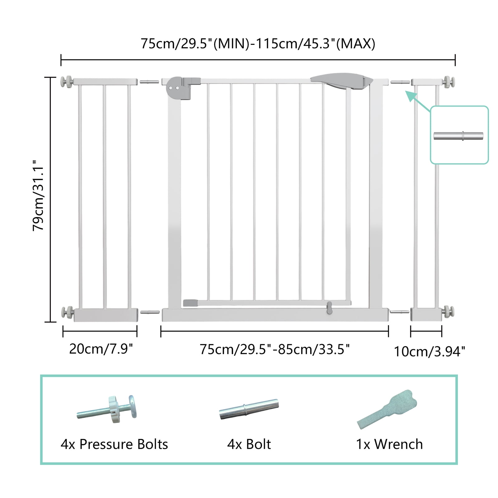 29.5-45.3" Wide Baby Gate for Stairs, Dog Gate Indoor for Doorways, No Drilling Pressure Mounted Pet Gates for Kids, Easy Walk Through Safety Gate (White)