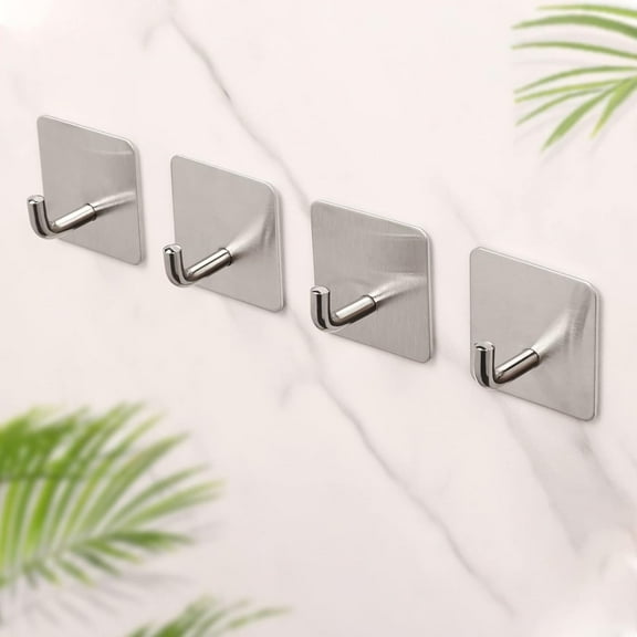 Heavy Duty Adhesive Towel Hooks Stick on Towel Holder Wall Hangers Waterproof Stainless Steel Sticky Hooks for Hanging Bathroom Kitchen Home-4 Packs