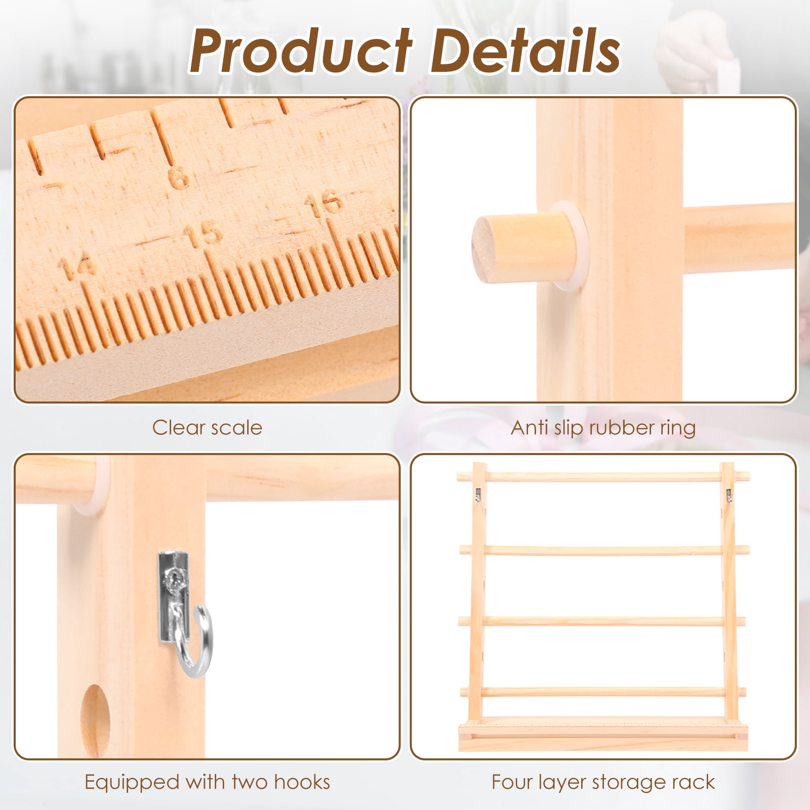 Threns Wooden Ribbon Storage Rack,4 Tier Ribbon Storage Organizer,Thread Washi Tape Spool Holder Organizer for Sewing Craft Wreath Crochet Roll Florist Arts Wrapping Gift,15.7"