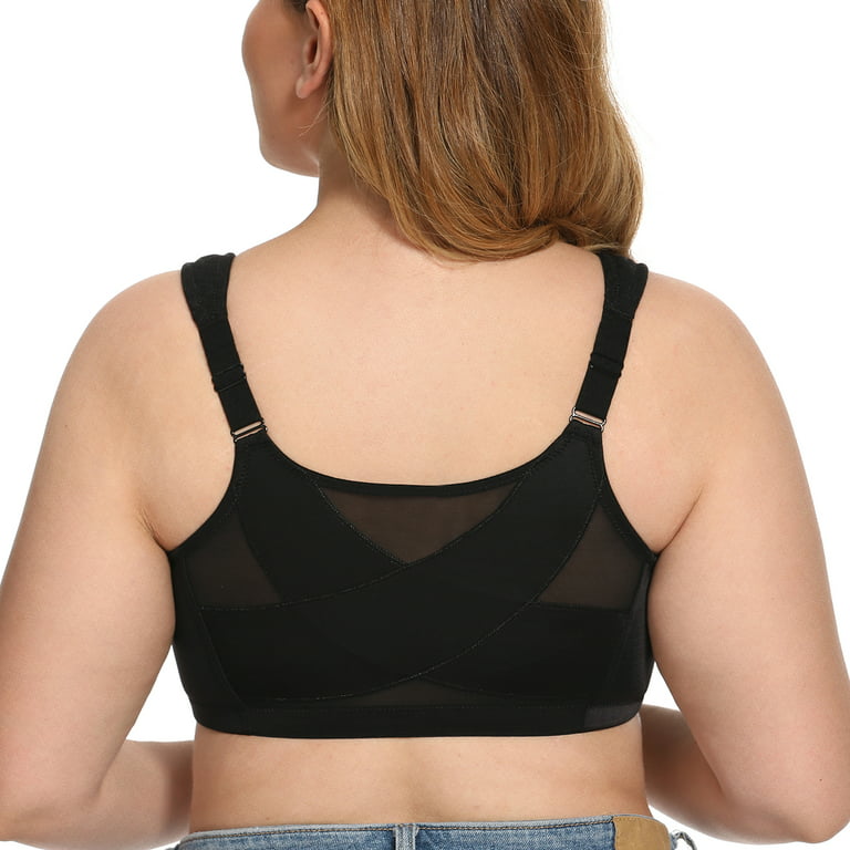 Exclare Women's Front Closure Full Coverage Wirefree Posture Back Everyday  Bra(44C, Black)