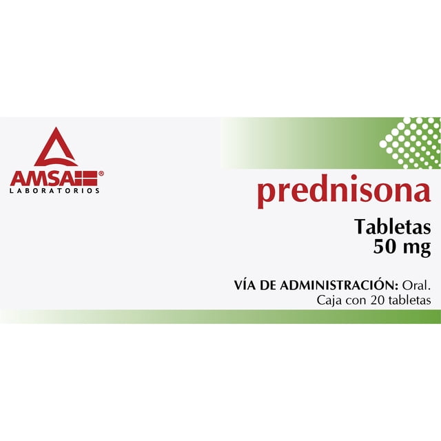 prednisona 5 miligramos 20 tabletas Caja frontal blanca y verde con logo AMSA; texto 'prednisona' en rojo, 'Tabletas 5 mg' y 'Caja con 20 tabletas', indicación 'VÍA DE ADMINISTRACIÓN: Oral.' y aviso de venta con receta médica.
