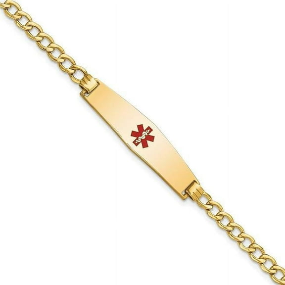 Primal Gold 14 Karat Yellow Gold Semi-Solid Medical Soft Diamond Shape Red Enamel Curb Link ID Bracelet