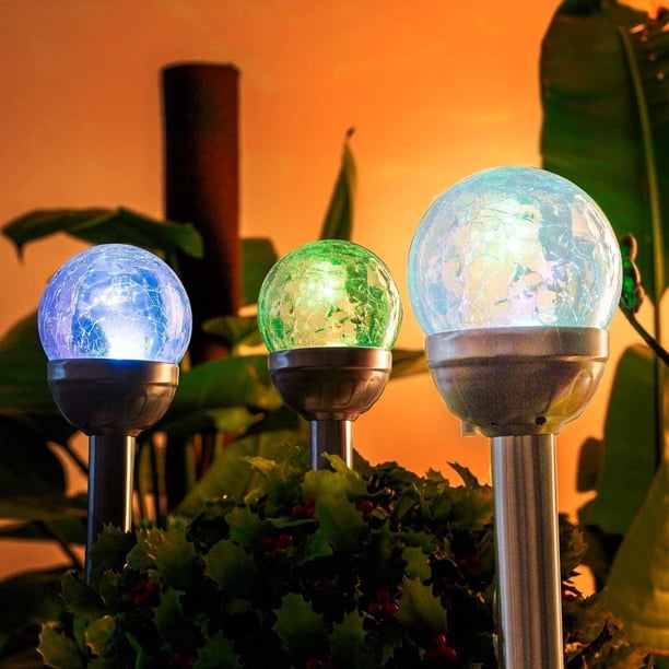 3 luces solares para jardín, luces solares para exteriores de vidrio agrietado con 2 LED para exteriores, jardines, balcones, patios, césped y caminos