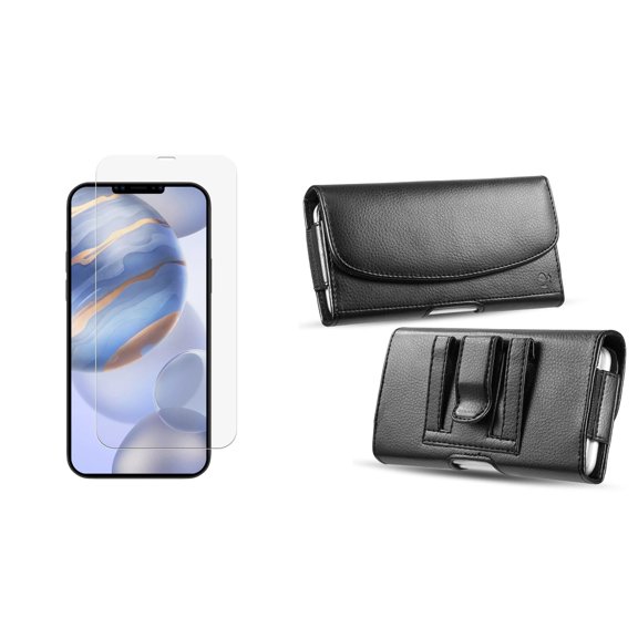 Bemz Holster Bundle for Apple iPhone 12: PU Leather Belt Holster Wallet Pouch with Cards Slot Billfold Bag with Tempered Glass Screen Protector - Black