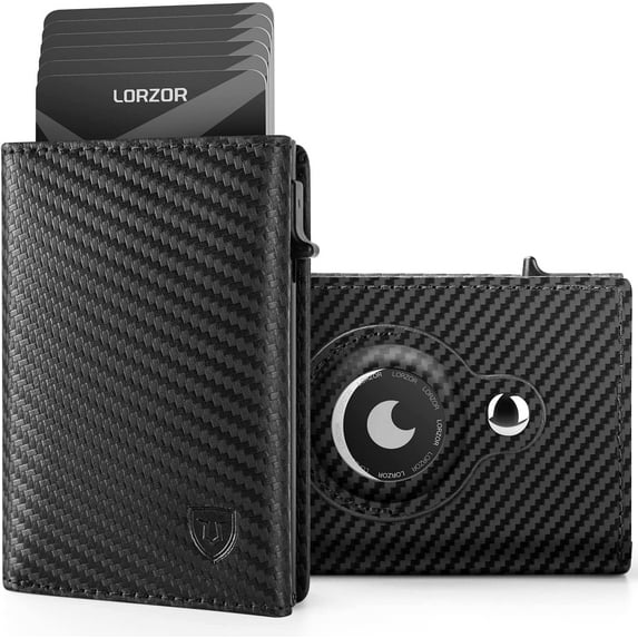 LORZOR Airtag Wallet, Minimalist Wallet with Airtag Holder, Airtag Wallet for Men, Smart Wallet for Apple Airtag, RFID Blocking, Carbon Fiber Pop up Wallet Gift for Men
