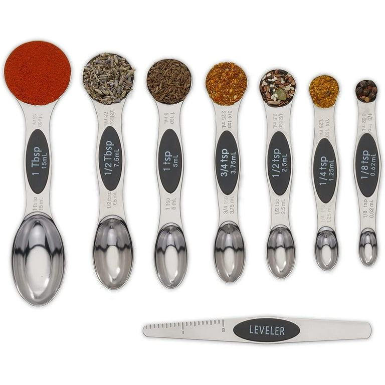 Magnetic Metal Measuring Spoons Set Stainless Steel Etched Stackable Teaspoons  Tablespoons Dual Sided Measure Spoon set of 8 for Measuring Dry and Liquid  Ingredients (Black) 