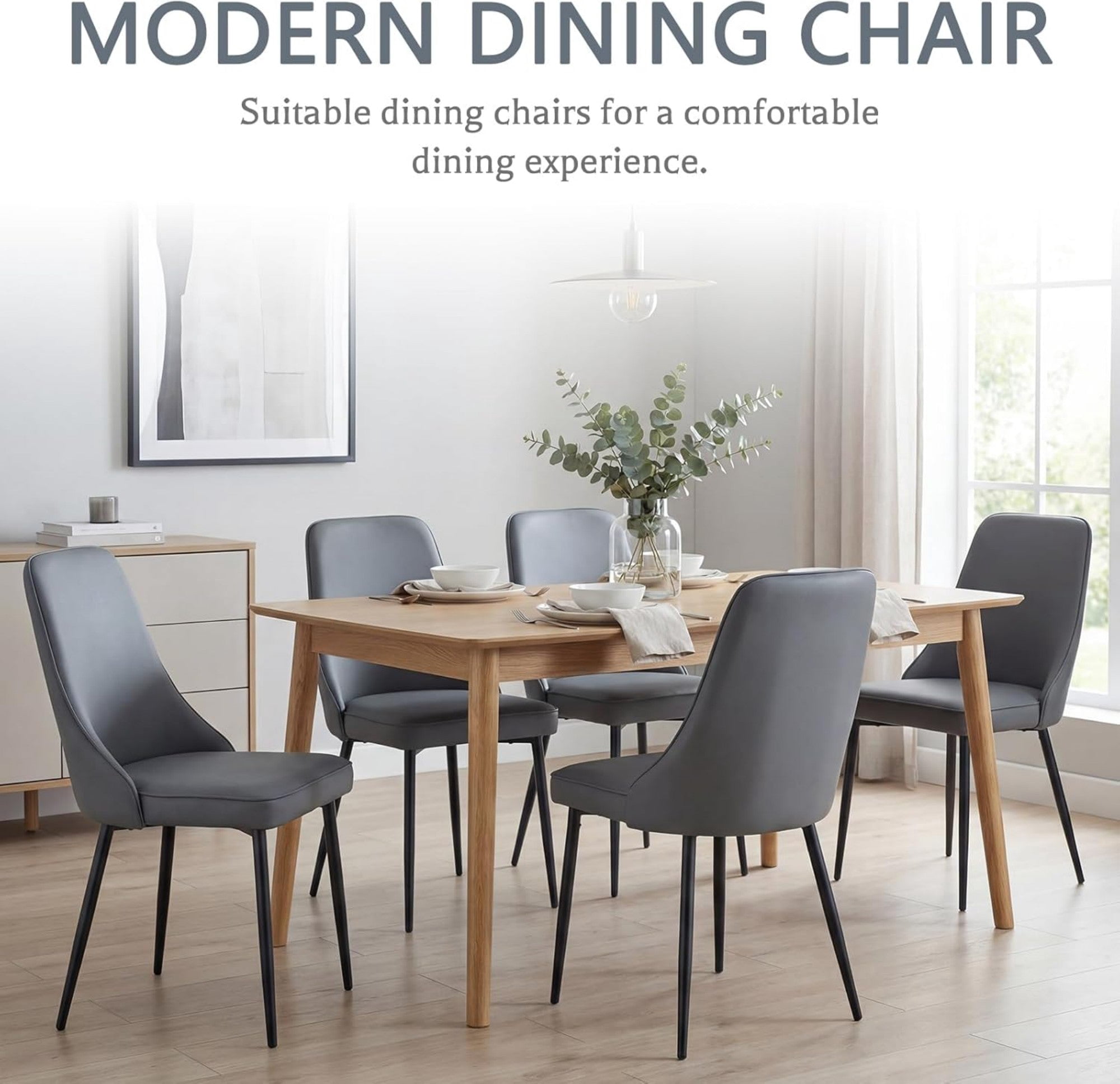 Sailvan Modern Dining Chairs Set of 4,Faux Leather Upholstered Kitchen Chairs with Ergonomic Curved Back and Metal Legs,Waterproof Side Chairs for Dining Room Grey