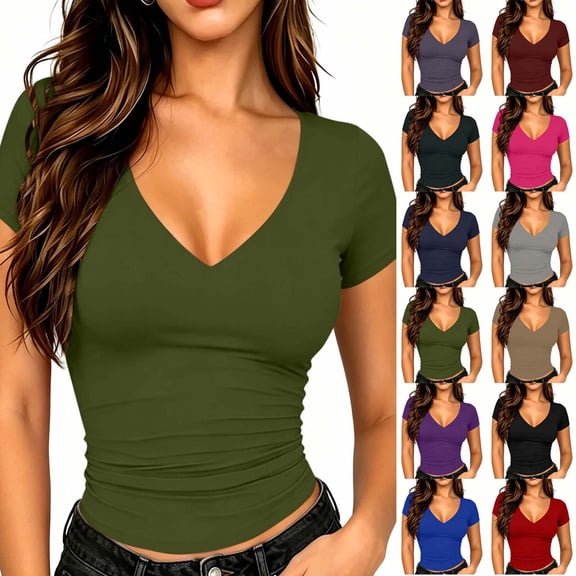 Xaqiouau Womens V Neck Tops Short Sleeve Ruched Slim Fitted Shirts Going Out Dressy Solid Blouses Summer Basic Tees