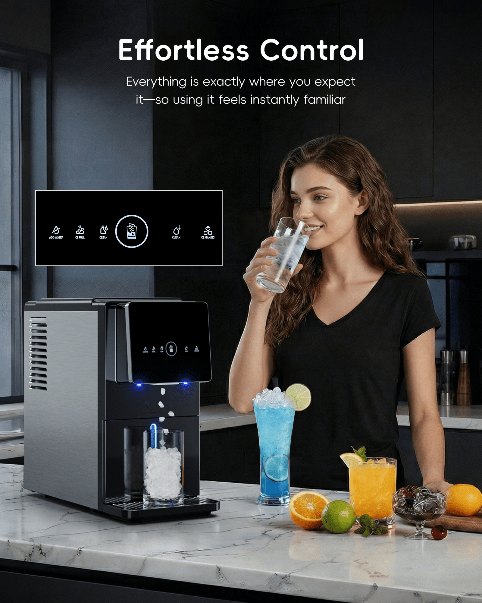Ecozy Chillio Nugget Ice Makers Dispenser 40 lbs Per Day Pebble Sonic Ice Machine Countertop, Touch-Free Ice, Self-Cleaning, Mistalo Drop Slim for Home Kitchen Office