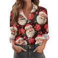thumbnail image 2 of WTOBBY Women's Christmas Print Casual Half Open Collar Long Sleeve Shirt, Holiday Themed Blouse for Seasonal Outfits and Christmas Parties,Hot Pink XL, 2 of 6