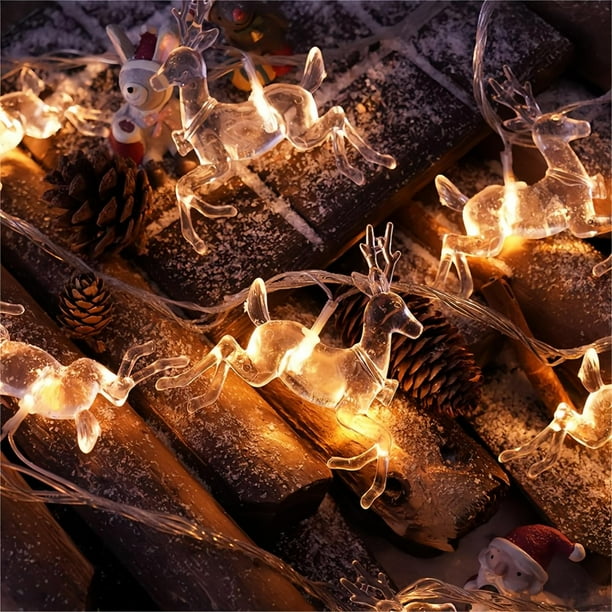 Guirnalda de luces LED navideñas con diseño de alce - 10 bombillas, 150 cm, plástico blanco, decoración interior y exterior para árboles, ventanas y fiestas.