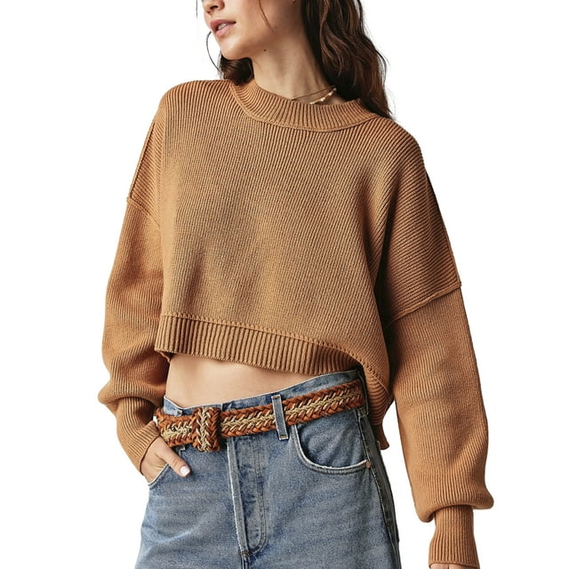 xiaxaixu Hauts Courts d'Automne pour Femmes Couleur Unie Col Rond Côtelé Manches Longues Pulls Amples de Printemps