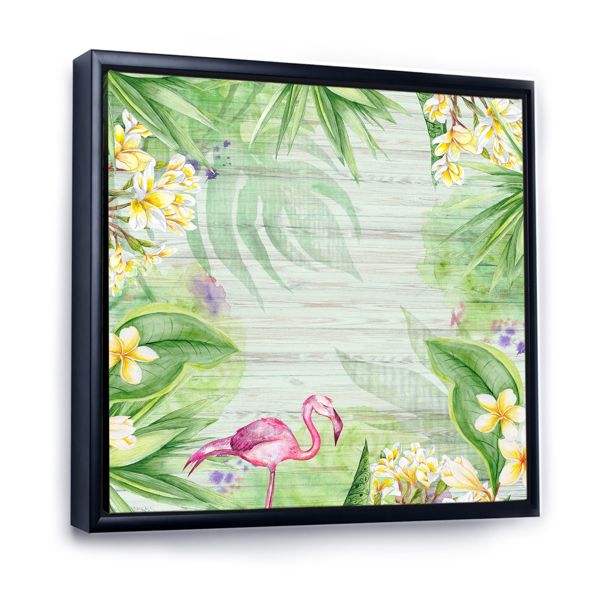 Designart 'Yellow Flowers, Tropical Foliage With Flamingo I' Modern Framed Canvas Wall Art Print