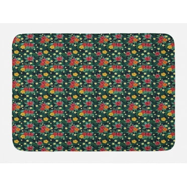 Tropical Bath Mat, Bouquet of Hibiscus and Monstera Flowers Realistic Illustration on Dark Background, Plush Bathroom Decor Mat with Non Slip Backing, 29.5" X 17.5", Multicolor, by Ambesonne
