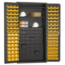 Durham 3501-DLP-60DR11-96-2S-95 14 Gauge Flush Door Style Lockable Cabinet with 96 Yellow Hook on Bins & 2 Adjustable Shelves & 60 Drawer, Gray - 36 in.