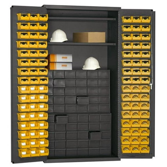 Durham 3501-DLP-60DR11-96-2S-95 14 Gauge Flush Door Style Lockable Cabinet with 96 Yellow Hook on Bins & 2 Adjustable Shelves & 60 Drawer, Gray - 36 in.