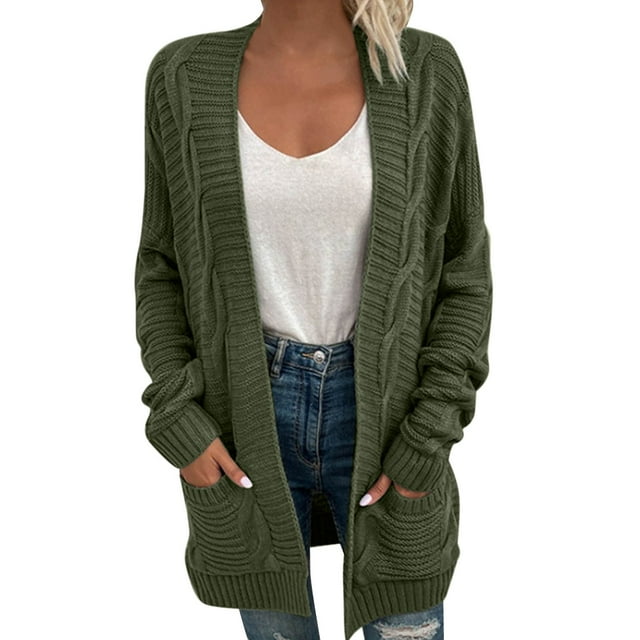 Manteau d'Hiver Automne pour Femmes Cardigan Tricoté Mode Mi-Longueur Manteau Extérieur Solide Chaud Trench Col Rond Tricoté Ample Ouvert devant Manteau