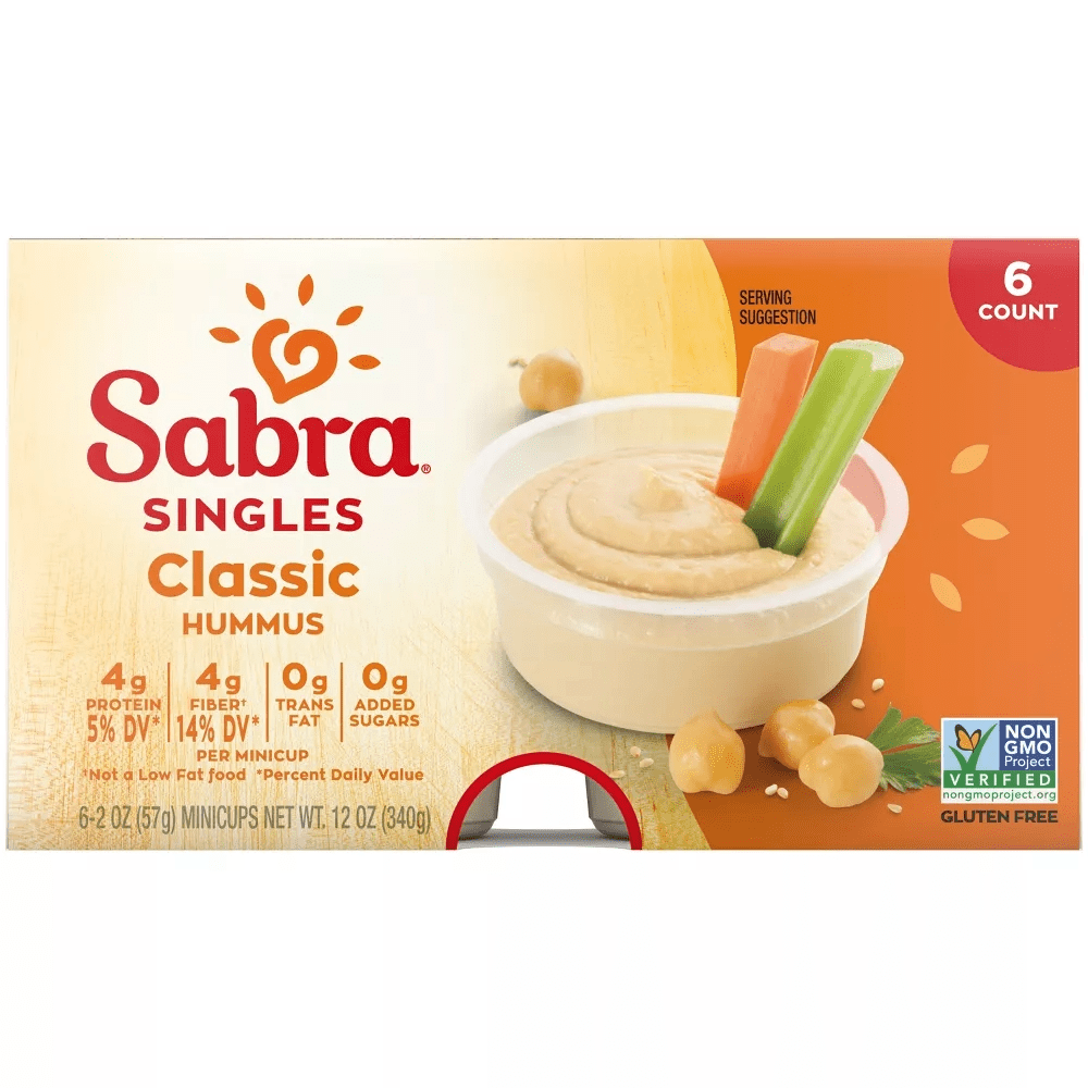 Sabra Singles Classic Hummus Dip, Non-GMO, Gluten Free, Vegan On-the-Go Hummus Spread, 2 oz Cup (6 Count)
