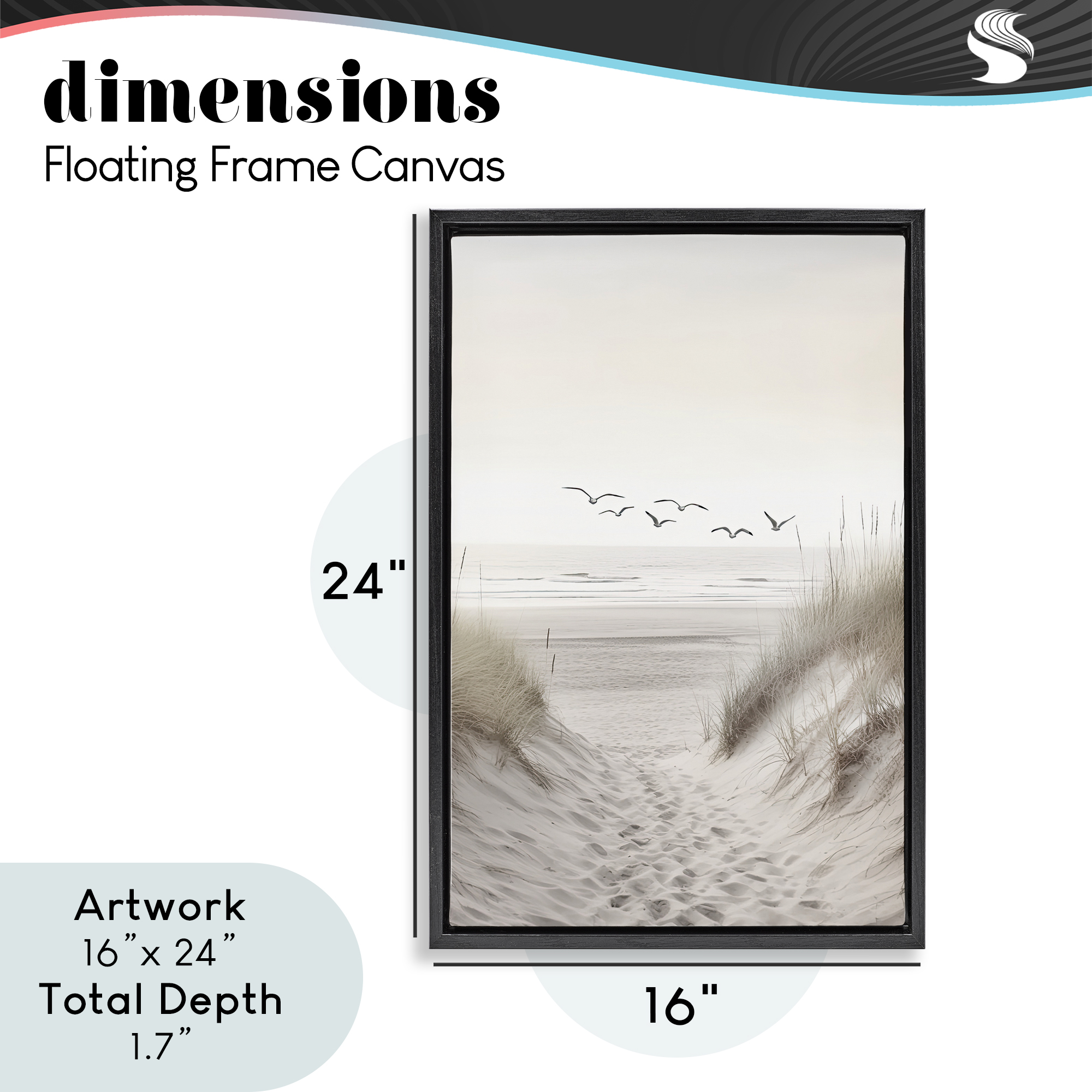 Seagulls over Sandy Footprints Black Framed Floater Canvas Wall Art, design by Decent Exposures