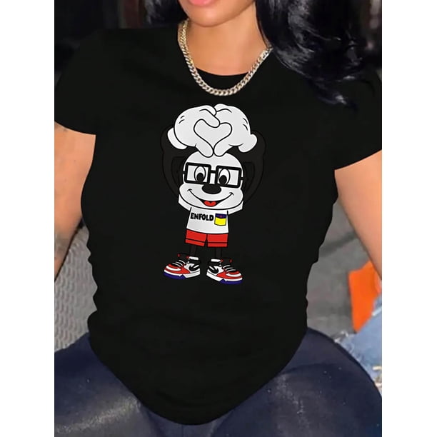 Camiseta para mujer con Cuello de veranoCreative Mascot Pattern Printed Women'S Trendy Round Neck Short Sleeve, Simple Casual Sports T-Shirt, Comfortable Summer Top for Holidays.Father's Day, Mother