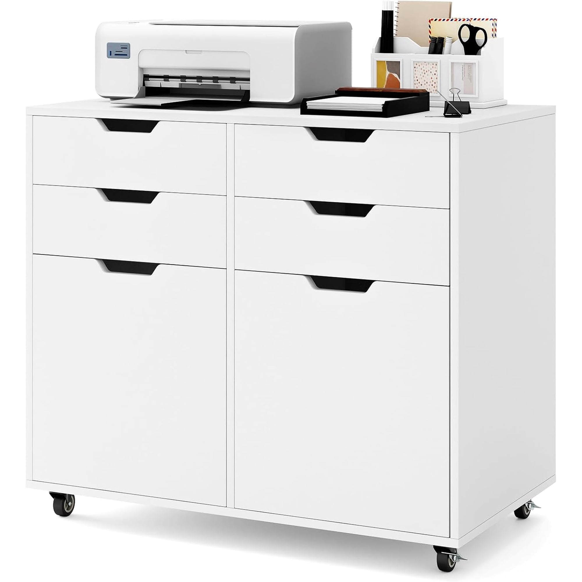Mobile File Cabinet Rolling Under-Desk Filing Cabinet (White) | Modern Wooden Printer Stand | Universal Wheels | 4 Drawers | For Home Office Organization and Storage
