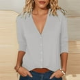 thumbnail image 2 of Holzkary Women's Long Sleeve Shirts Business Casual Outfits Dressy Tops Blouses Henley V Neck Fall Clothes Womens Autumn Spring Summer Solid V Neck Elegant Cardigan 3/4 Length Sleeve Tops Grey M, 2 of 6