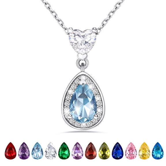 Bestyle March Aquamarine Birthstone Necklace for Women Heart & Pear Cut Halo Dangle Pendant Necklace Gifts for Birthday Christmas Stocking Stuffers