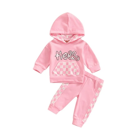 

Calsunbaby 2Pcs Toddler Baby Boys Girls Pants Outfits Plaid Long Sleeve Hooded Tops + Elastic Waist Trousers with Pockets Pink 12-18 Months