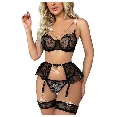 

XHJUN Lingerie Set for Women White Plus Size Strappy Harness Lace Garter Lingerie Sets Bra and Panty Black S