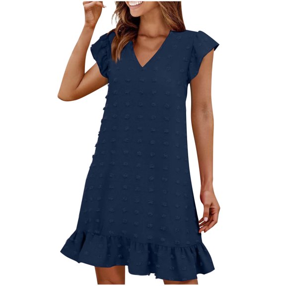 Einccm Women's Casual V Neck Short Sleeve Dress with Ruffle Sleeves and Flowy Solid Silhouette for Summer Daily Wear Beach Vacation Travel and Party