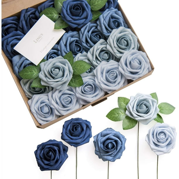 Ling S Moment Artificial Roses Flowers 25pcs Blue Ombre Colors Fake Roses With Stem For Diy Wedding Bouquets Centerpieces Arrangments Decorations Walmart Com Walmart Com