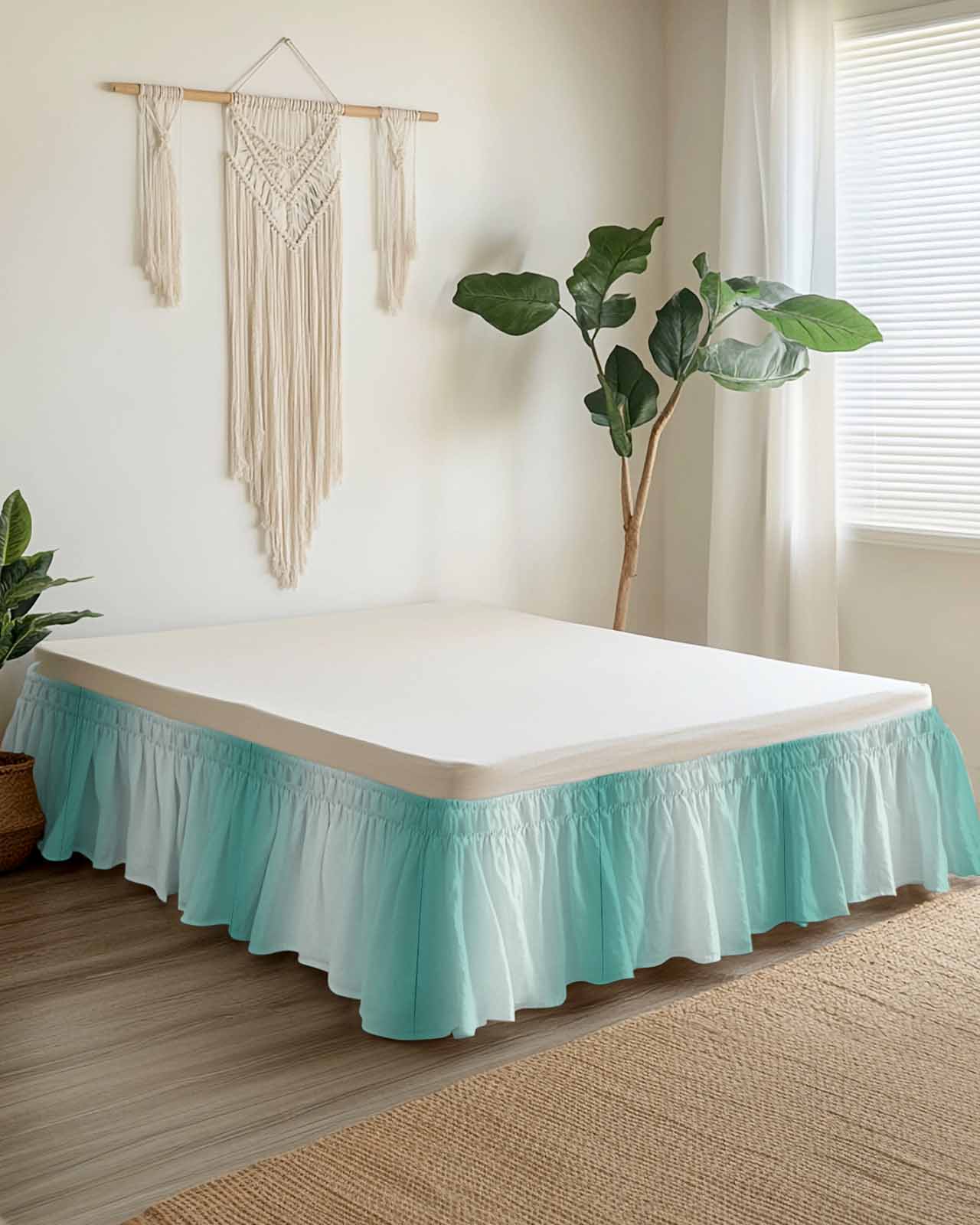 Ombre Bed Skirt Teal Green Gradient Bed Skirts Queen Size 18 Inch Drop, Wrap Around Dust Ruffle&nbsp;Bedskirt with Adjustable Elastic Belt for Queen Size Beds
