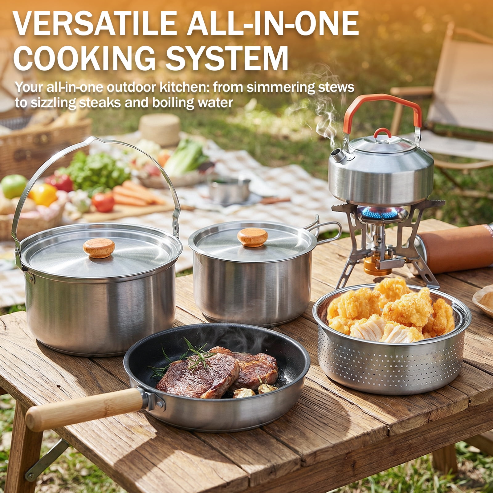 Zimtown Camping Cookware,Camping Pot Set for Outdoor Backpacking Camping,Outdoor Kitchen, Picnic,Hiking and Fishing,Stainless Steel