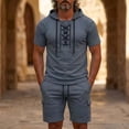 thumbnail image 2 of VBTAPA Mens Beach Outfits 2 Piece Cotton Linen Set Lace Up Short Sleeve Hooded Shirt and Shorts Set Retro Boho Resort Wear Gray L, 2 of 8