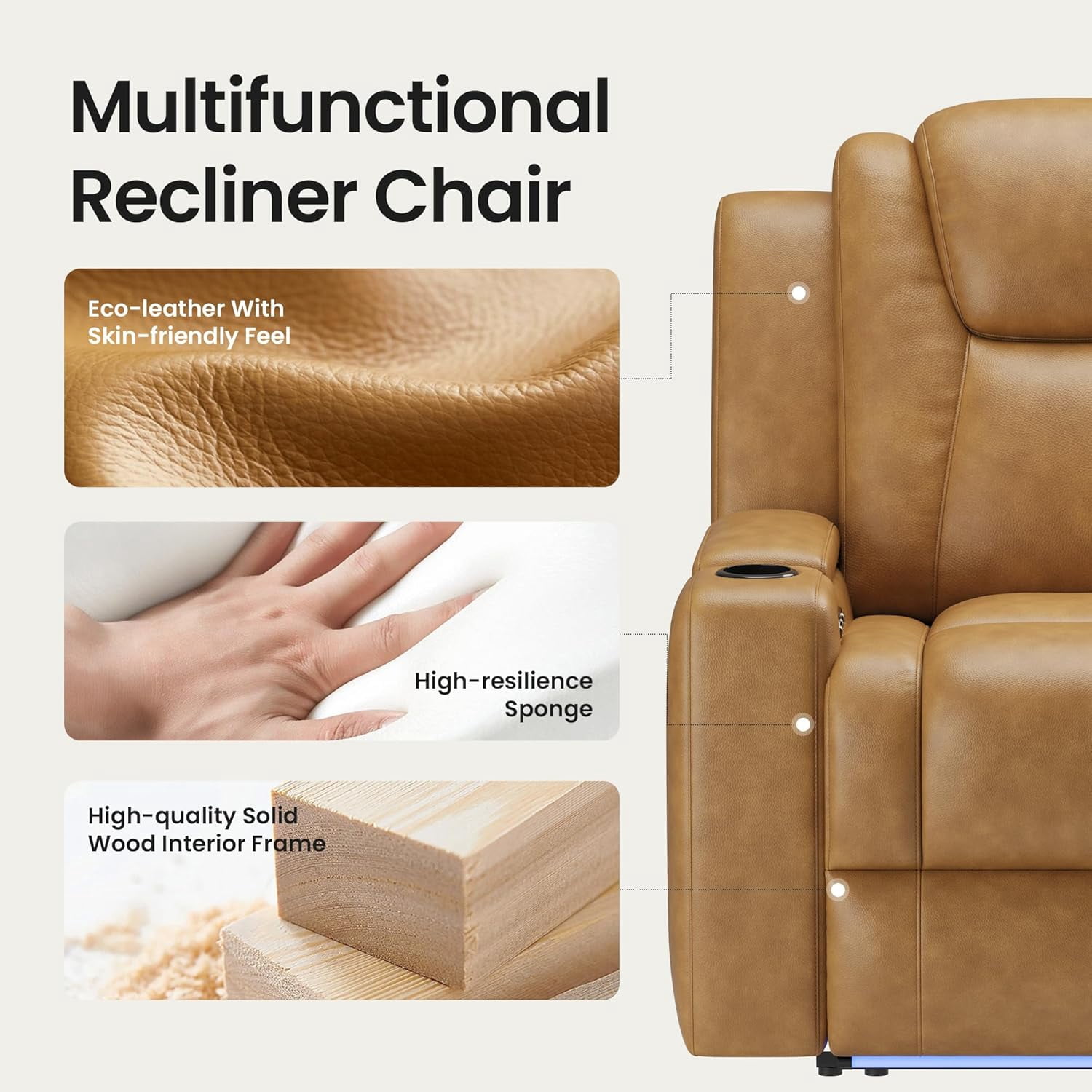 COLAMY Sereno Dual Motors Wall Hugger Power Recliner Chair with Power Headrest for Living Room, Home Theater Seating with Hidden Storage, Light Brown