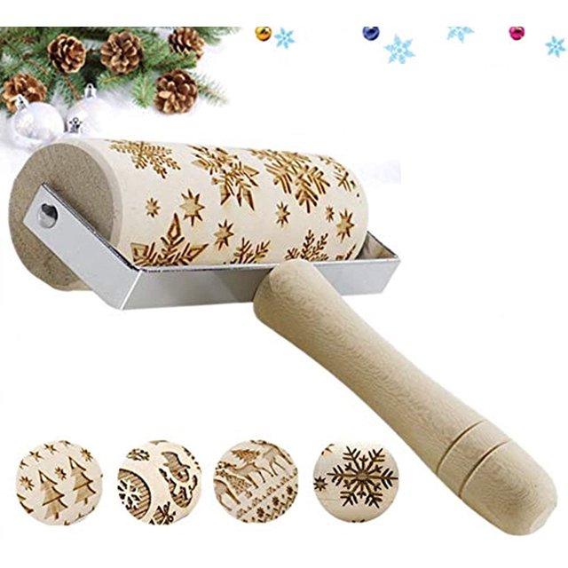 Rodillo de madera con estampado navideño en relieve en 3D, rodillo para hornear pizza y repostería grabado con láser para hornear galletas navideñas, antiadherente (copo de nieve navideño)