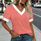 thumbnail image 5 of Mujeres Tops Casual Color Bloque Manga Corta V Cuello Blusa Moda Verano Primavera Respirable, 5 of 9