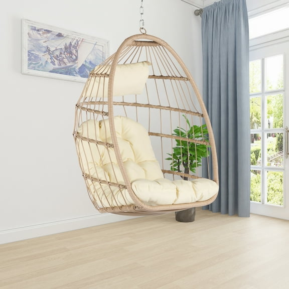 Modern Outdoor Egg Swing Chair, Rattan Hanging Chair, Wood  Color Frame, 5 Available Color Cushion
