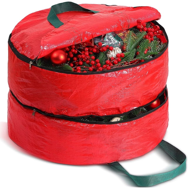 Double Layer Christmas Wreath Storage Container Bag Wreath Storage Pure Color Seasonal Garland Holiday Container Festive Box with Dual Zippers and Handles for Xmas(30 Inch,Red)