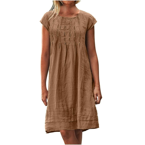 Staron Beach Dresses for Women 2025 Vacation Cotton Linen Long Casual Round Neck Pleated Solid Flowy Dresses Smocked T-Shirt Midi Sundress