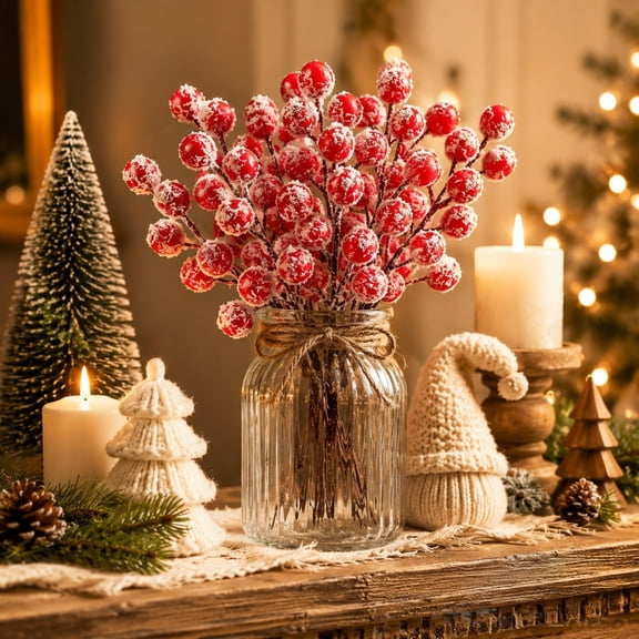 Christmas Artificial Branches With Red Berries For Vase Fillers And Wreath Making Home Table Mantel Holiday House Decor 10Pcs