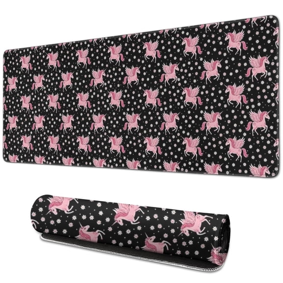Long Mouse Pads for Desk,Black Cartoon Pink Winged Unicorn Desk Mats on Top Of Desks, Desk Mouse Pad Extra Large with 3mm Non-Slip Base and Stitched Edge for Gaming,Work,Home 31.5"x11.8"