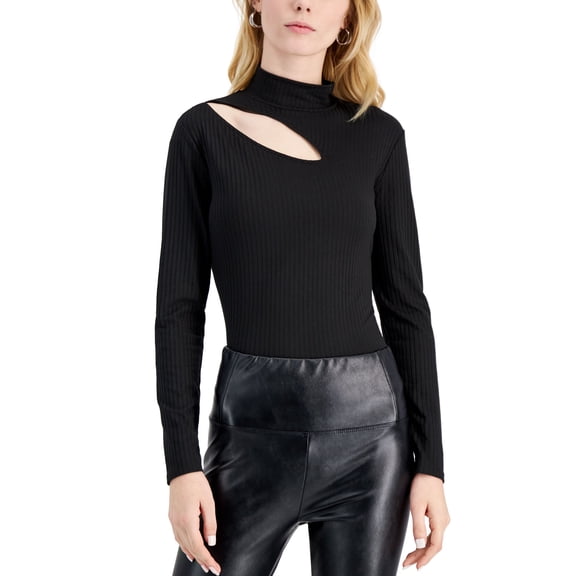 INC International Concepts Petite Ribbed Shoulder Cutout Top Black PL