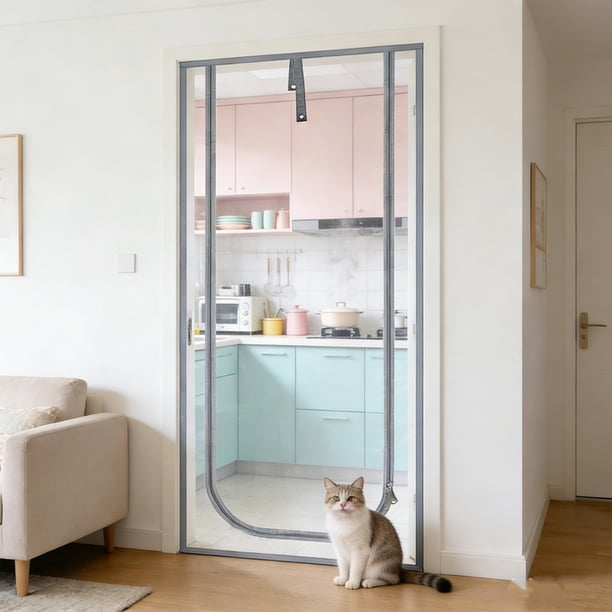 Cortina de puerta con cremallera para mascotas – Malla antimosquitos a prueba de gatos, diseño plegable sin necesidad de taladrar para la puerta, barrera para mascotas (gatos y perros), malla