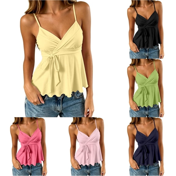 CUSTG Women Blouses Solid Color Sleeveless Summer Tops Polka Strappy Tops Going Out Cami Tops With Knotted Front V-Neck Boho Ladies Shirts